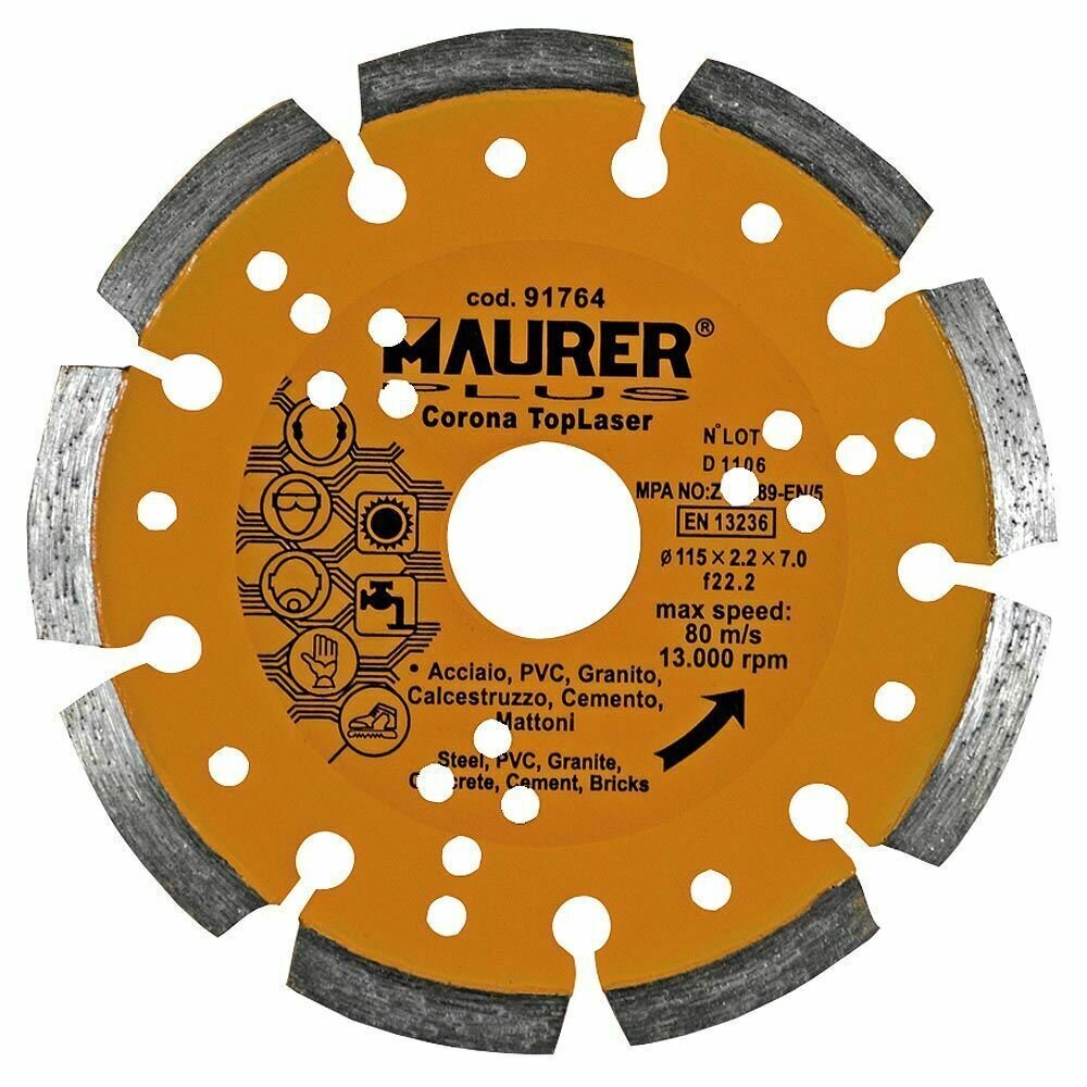 Disco Diamante Maurer Segmentado Laser Acero, PVC, Hormig�n, Granito 115 mm.