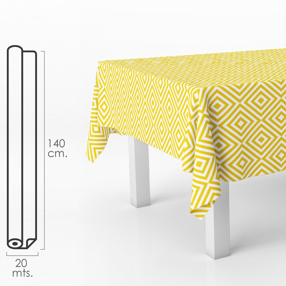 Mantel Hule Rectangular Rombos Amarillos. Impermeable Antimanchas PVC 140 cm. x 20 metros. Rollo Recortable. Interior y Exterior