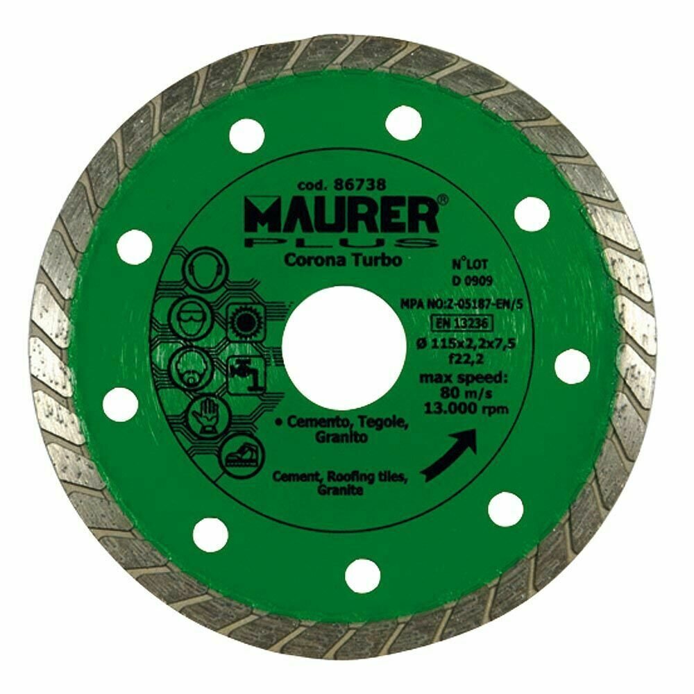 Disco Diamante Maurer Continuo Turbo Cemento, Tejas, Granito 115 mm.