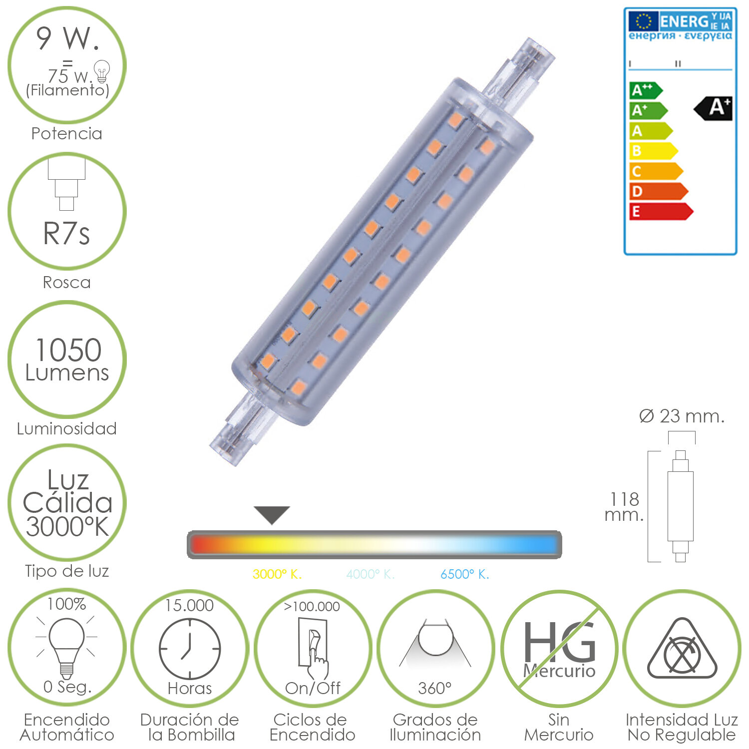 Bombilla / Lampara Lineal Led Rosca R7s 9 W.  75 W.  1050 Lumenes Luz C�lida (3000 � K.)