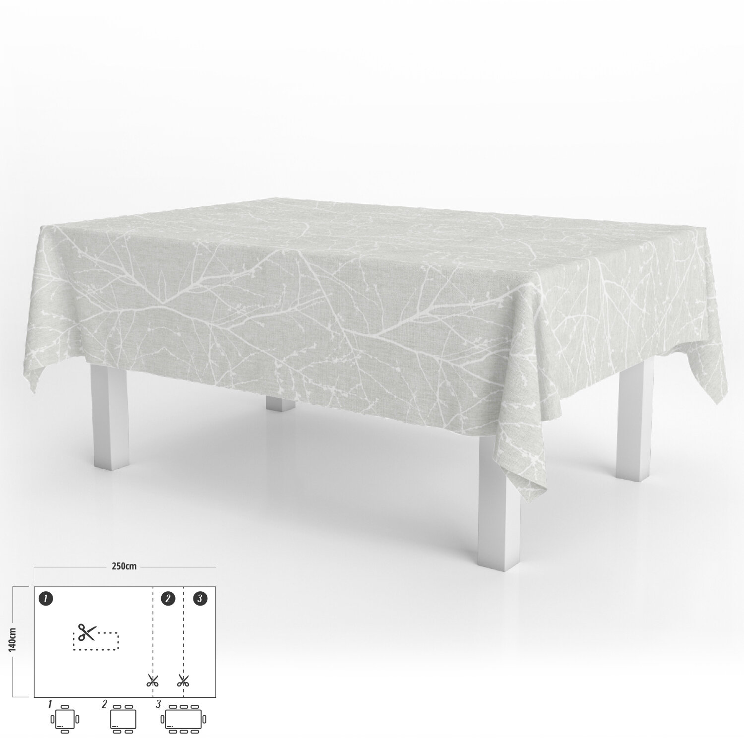 Mantel Hule Rectangular Ramas Gris Impermeable Antimanchas PVC 140x250 cm.  Recortable Uso Interior y Exterior