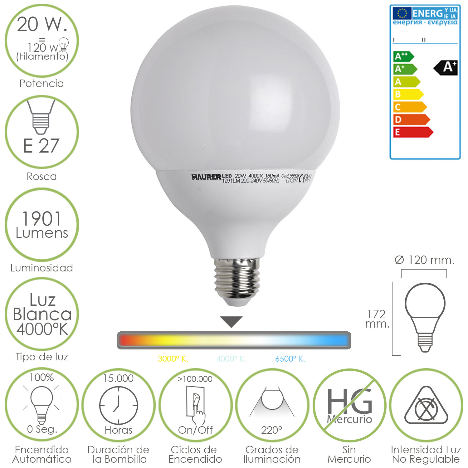 Bombilla Led Globo Rosca E27 20 W.  120 W.  1901 L�menes. Luz Blanca (4000 � K.)