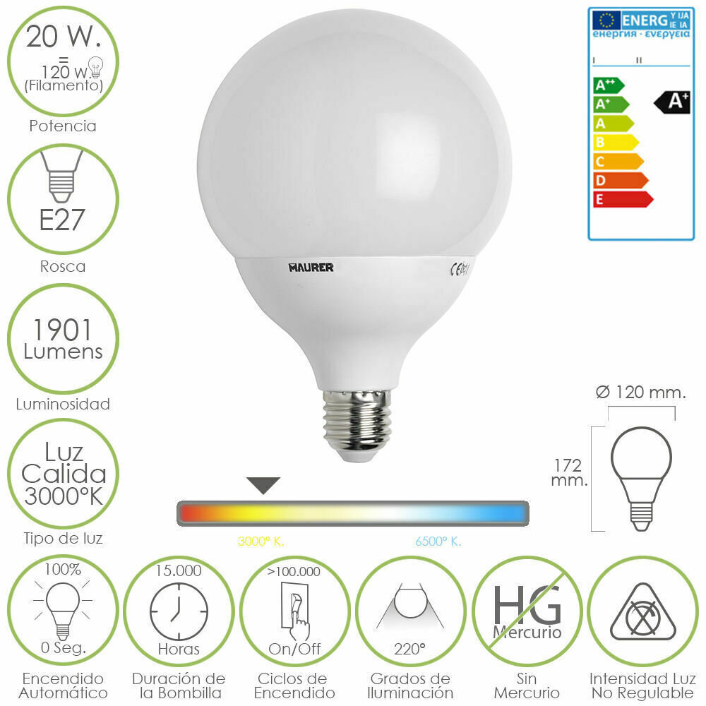 Bombilla Led Globo E27.  20 W.  120 W. 1901 l�menes. Luz calida. (3000�K).
