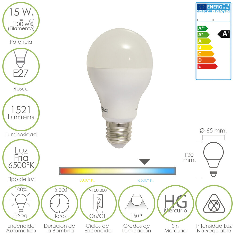 Bombilla Led Standar E27. 15 W. igual 120 W. 1520 l�menes. Luz Fria (6500� K)