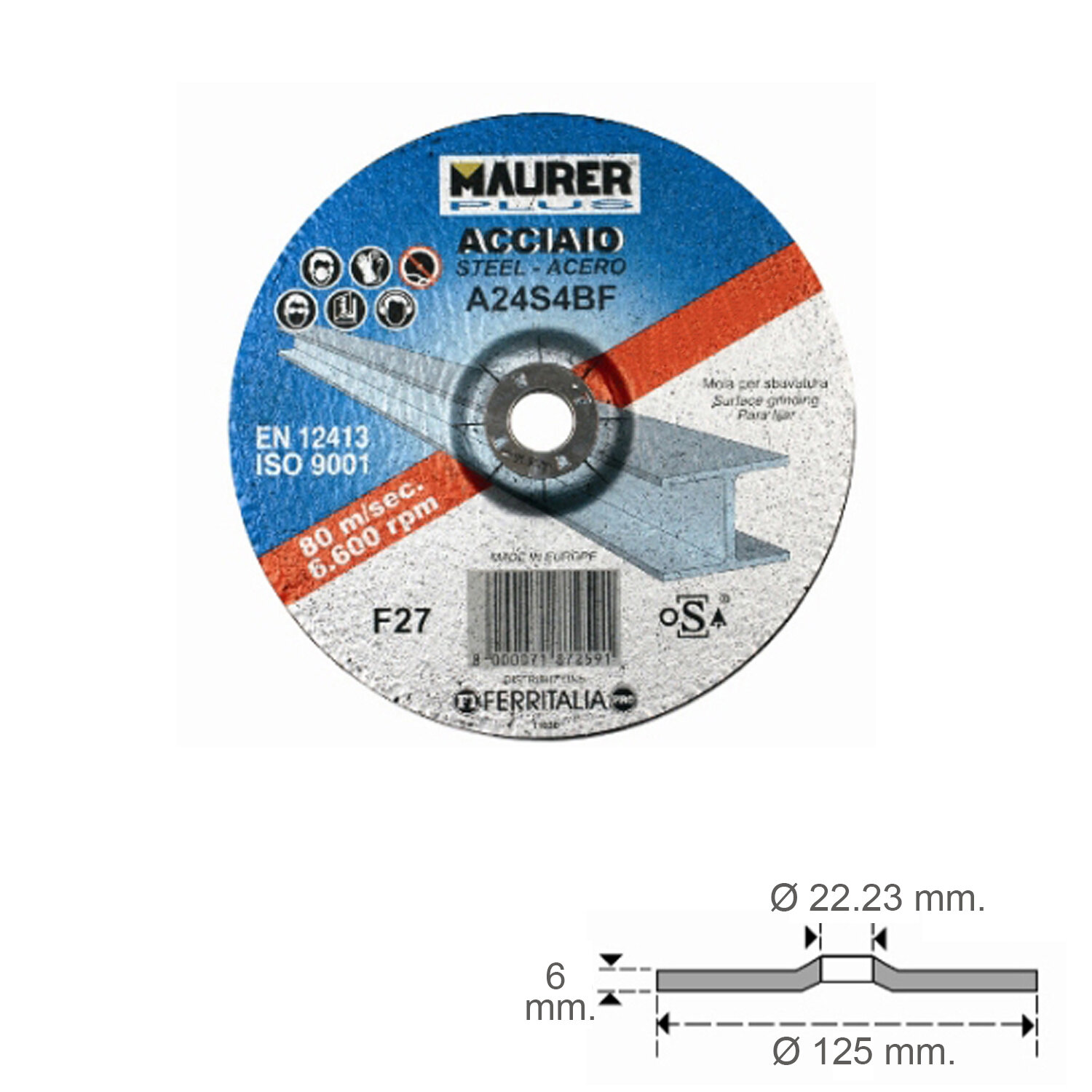 Disco Repasar Abrasivo Acero � 125 x 6 x 22,23 mm.