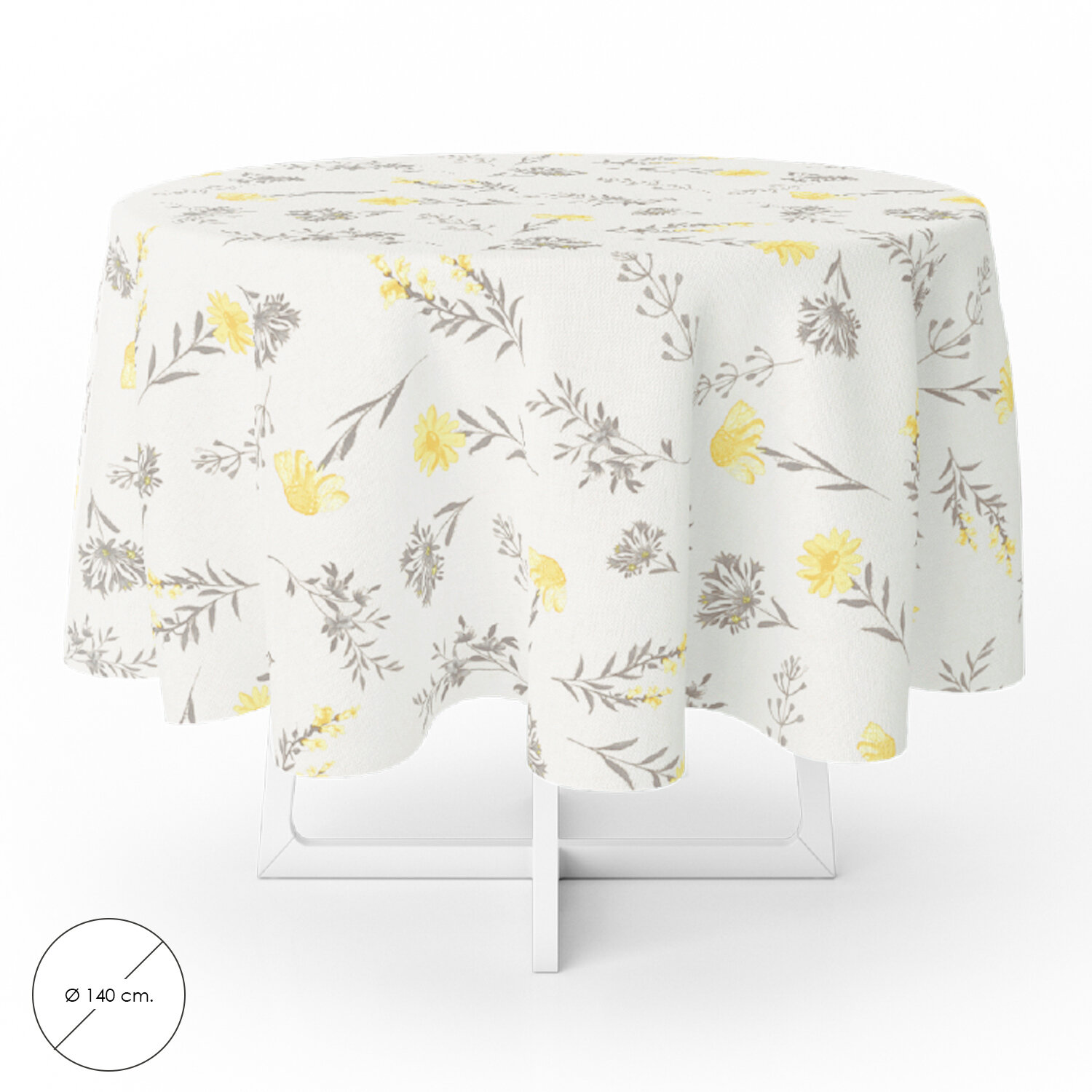 Mantel Hule Redondo Flores Amarillas Impermeable Antimanchas PVC Ø140 cm.. Uso Interior y Exterior