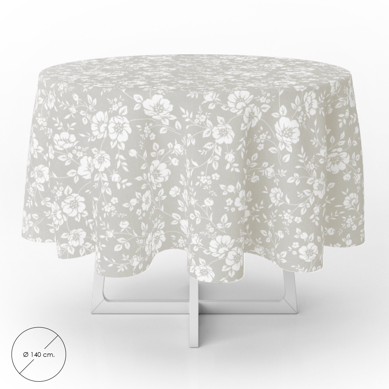Mantel Hule Redondo Flores Blancas Impermeable Antimanchas PVC �140 cm. Uso Interior y Exterior