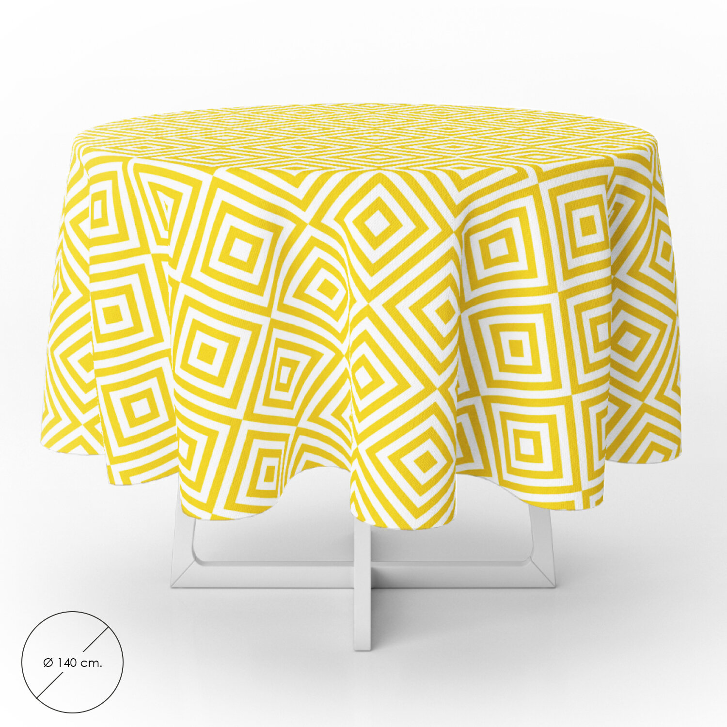Mantel Hule Redondo Rombos Amarillos Impermeable Antimanchas PVC �140 cm. Uso Interior y Exterior