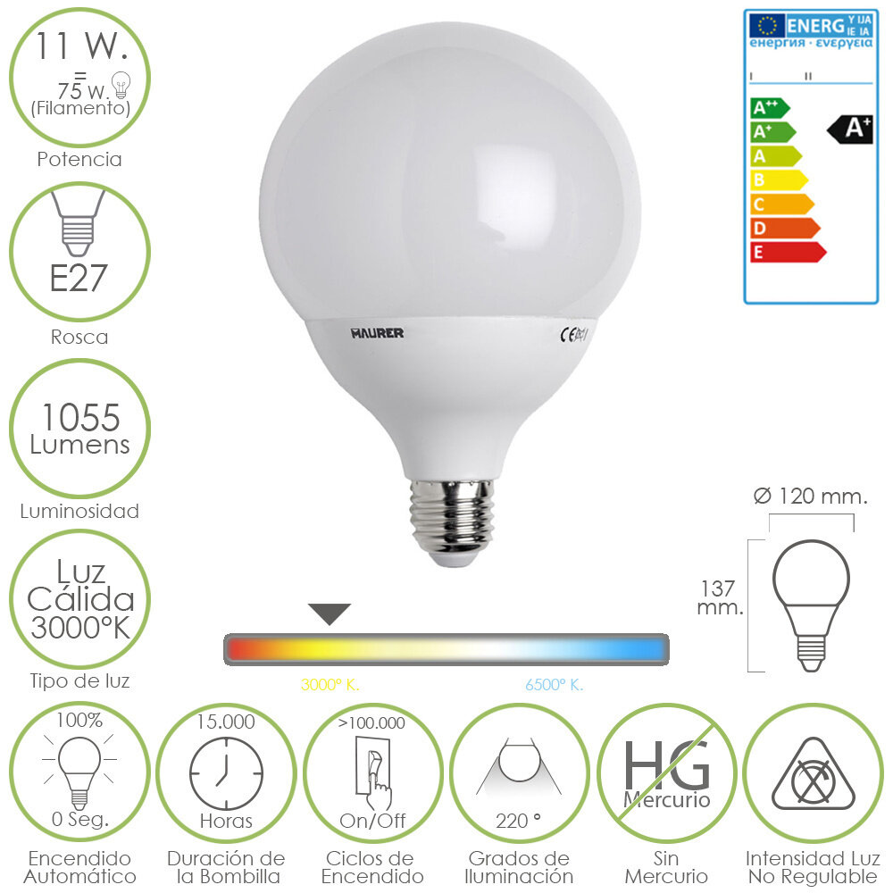 Bombilla Led Globo E27 8,5 W. 60 W. 806 l�menes. Luz Fria (6500� K)