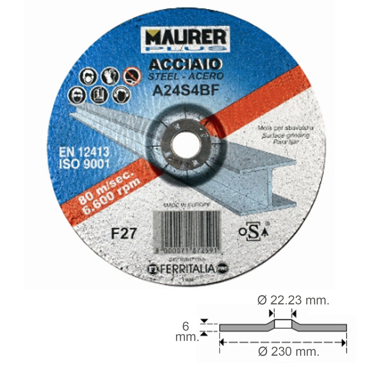 Disco Repasar Abrasivo Acero � 230 x 6 x 22,23 mm.