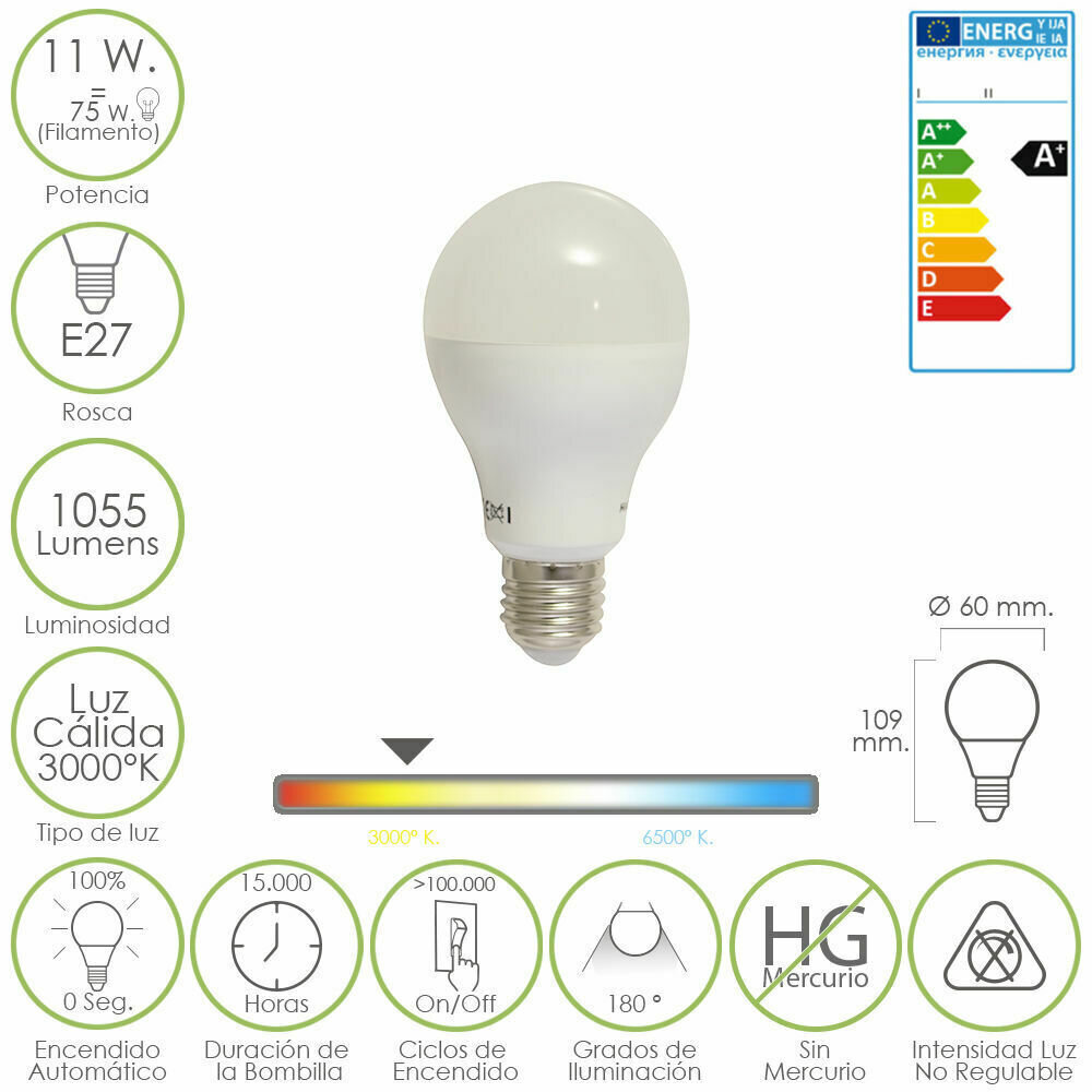 Bombilla Led Standar E27.  11 W.  75 W. 1055  L�menes. Luz calida. (3000�K)