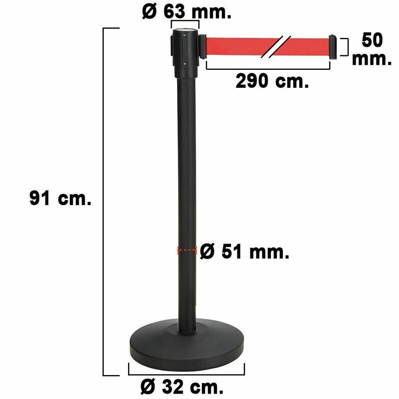 Poste Separador Cinta Extensible 3 Metros. � Base 32 cm. � Tubo 5,1 cm.   Altura 91 cm.