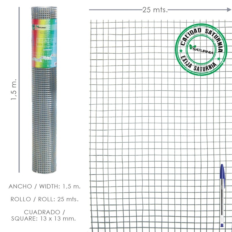 Malla Electrosoldada Galvanizada 13x13 / 150 cm. Rollo 25 Metros Uso Domestico