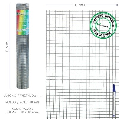 Malla Electrosoldada Galvanizada 13x13 / 60 cm. rollo 10 Metros Uso Domestico