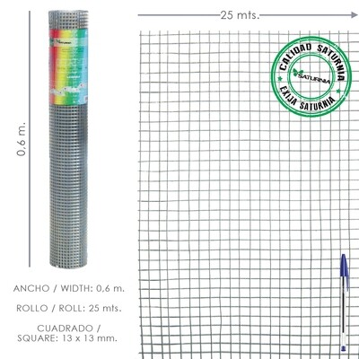 Malla Electrosoldada Galvanizada 13x13 / 60 cm. Rollo 25 Metros. Uso Domestico
