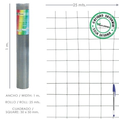 Malla Electrosoldada Galvanizada 50x50 / 2,00 / 100 cm. GA Rollo 25 metros