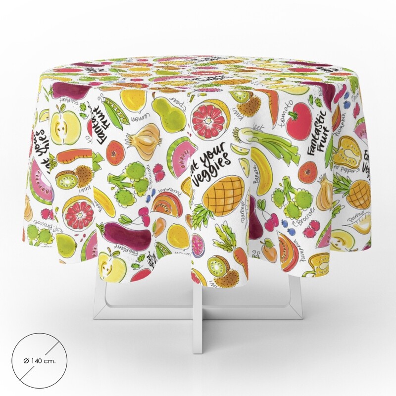 Mantel Hule Redondo Frutas Fantasia Impermeable Antimanchas PVC � 140 cm. Uso Interior y Exterior