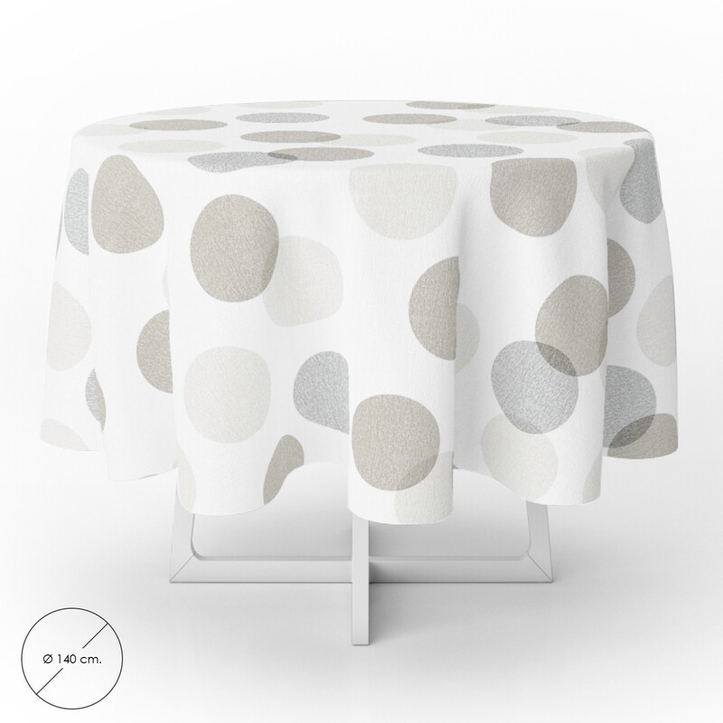 Mantel Hule Redondo Circulos Beige Impermeable Antimanchas PVC � 140 cm. Uso Interior y Exterior