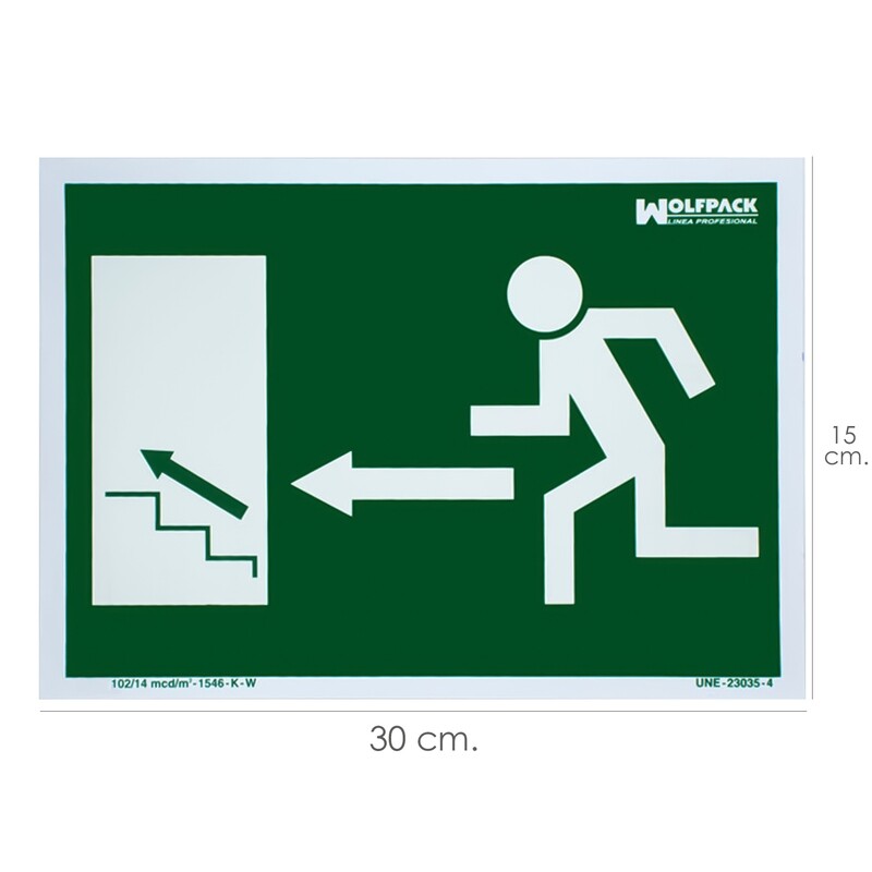 Cartel / Se�al Fluorescente Salida Escalera Izquierda Arriba 21x30 cm.