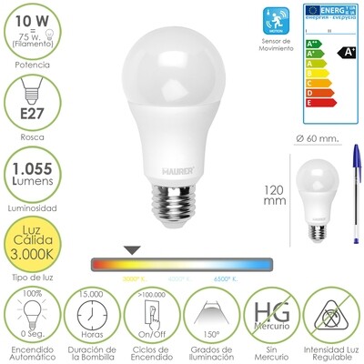 Bombilla Led Con Sensor de Movimiento Rosca E27 (Gorda) 10 Watt. Equivale a 75 Watt. 1055 Lumenes. Luz c�lida (3.000 K)