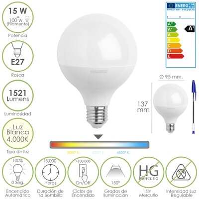 Bombilla Led Globo Rosca E27 (Gorda) 15 W.  100 W. 1521 L�menes. Luz Blanca (4000 K.)