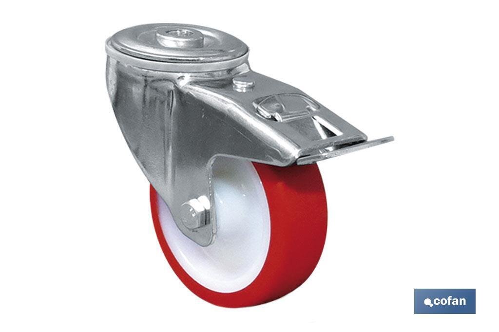 RUEDA POLIURETANO PASANTE/FRENO �100X30MM