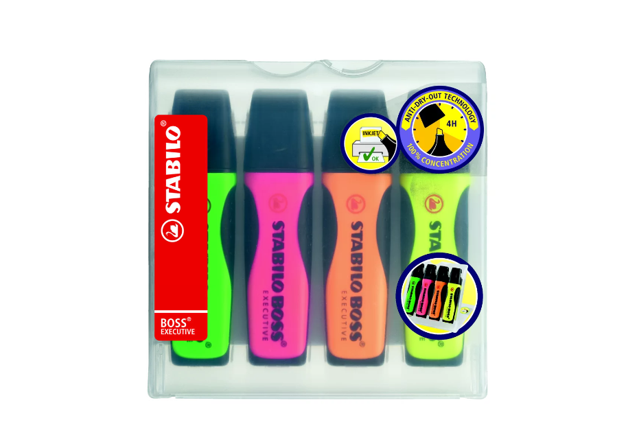 STABILO Boss Executive Marcador fluorescente, punta biselada, 2-5 mm, Amarillo, Rosa, Verde y Naranja