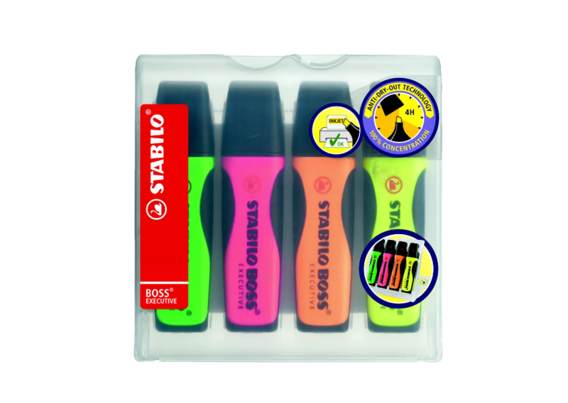 STABILO Boss Executive Marcador fluorescente, punta biselada, 2-5 mm, Amarillo, Rosa, Verde y Naranja