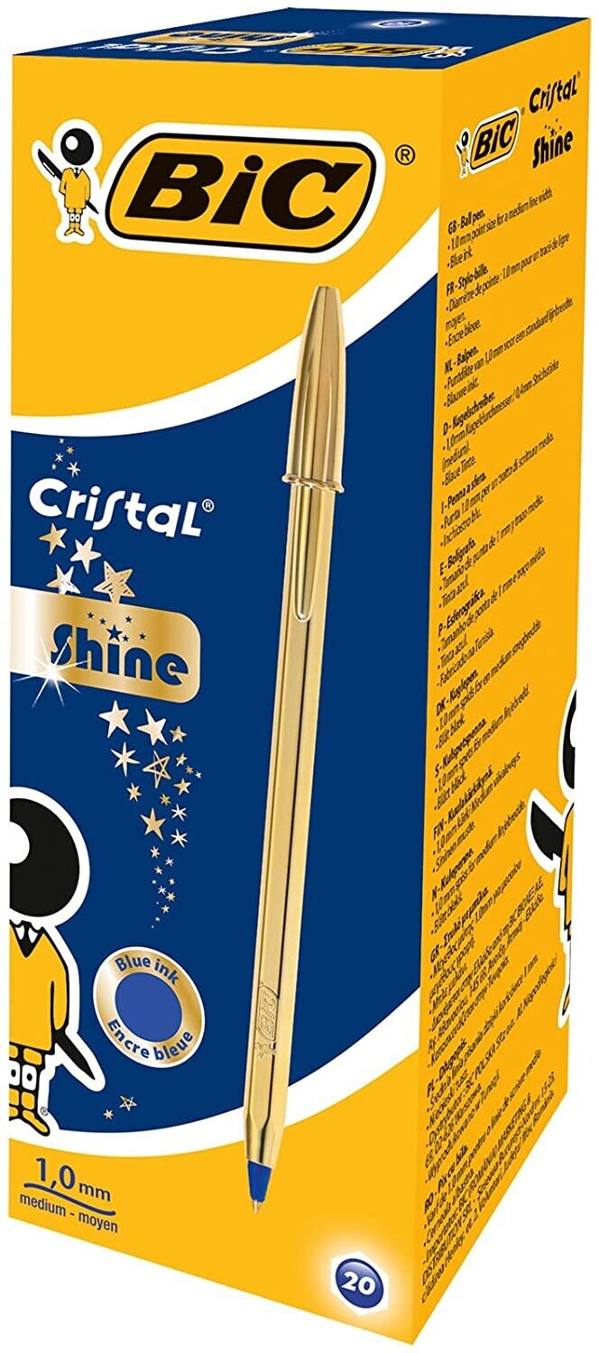 BIC® Cristal® Bolígrafo de punta de bola mediana de 1 mm, cuerpo dorado, tinta negra CAJA DE 20 BOLIGRAFOS
