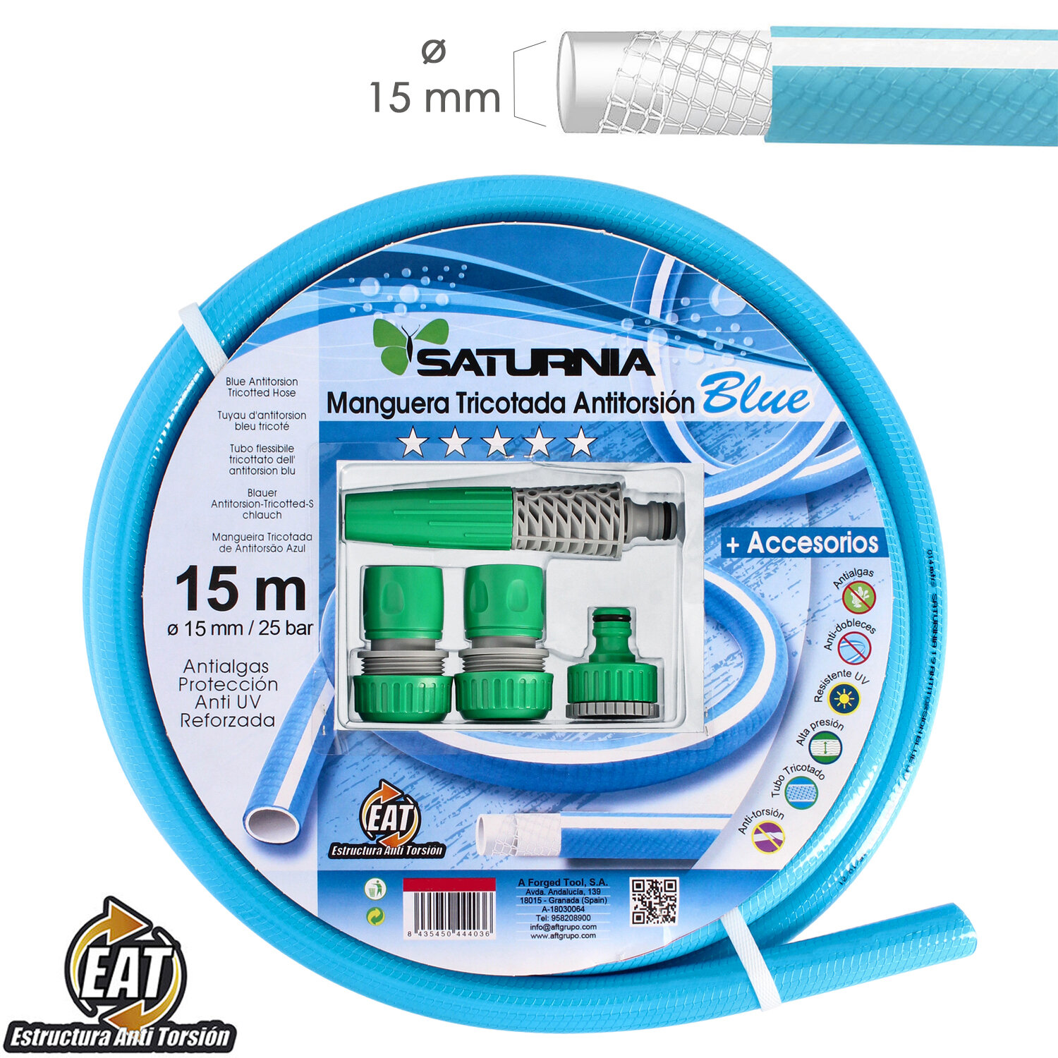 Manguera Tricotada No Torsión Blue D15 mm Rollo 15 metros Con Accesorios