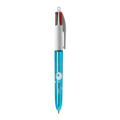 BIC® 4 Colours™ Shine Bolígrafo retráctil con punta de bola, punta media de 1 mm, cuerpo azul metalizado, colores de tinta variados: negro, azul, rojo y verde