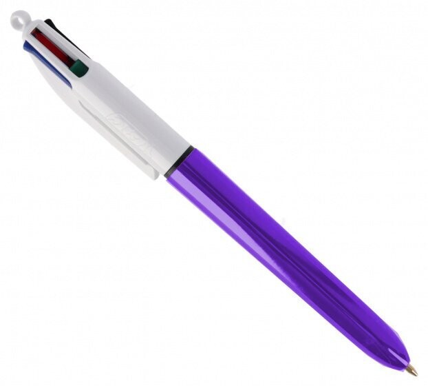 BIC® 4 Colours™ Shine Bolígrafo retráctil con punta de bola, punta media de 1 mm, cuerpo morado metalizado, colores de tinta variados: negro, azul, rojo y verde