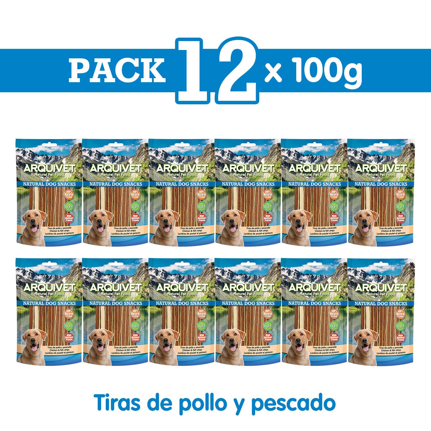 Pack 12 Snacks Tiras de pollo y pescado 100 g