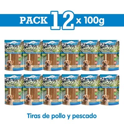 Pack 12 Snacks Tiras de pollo y pescado 100 g