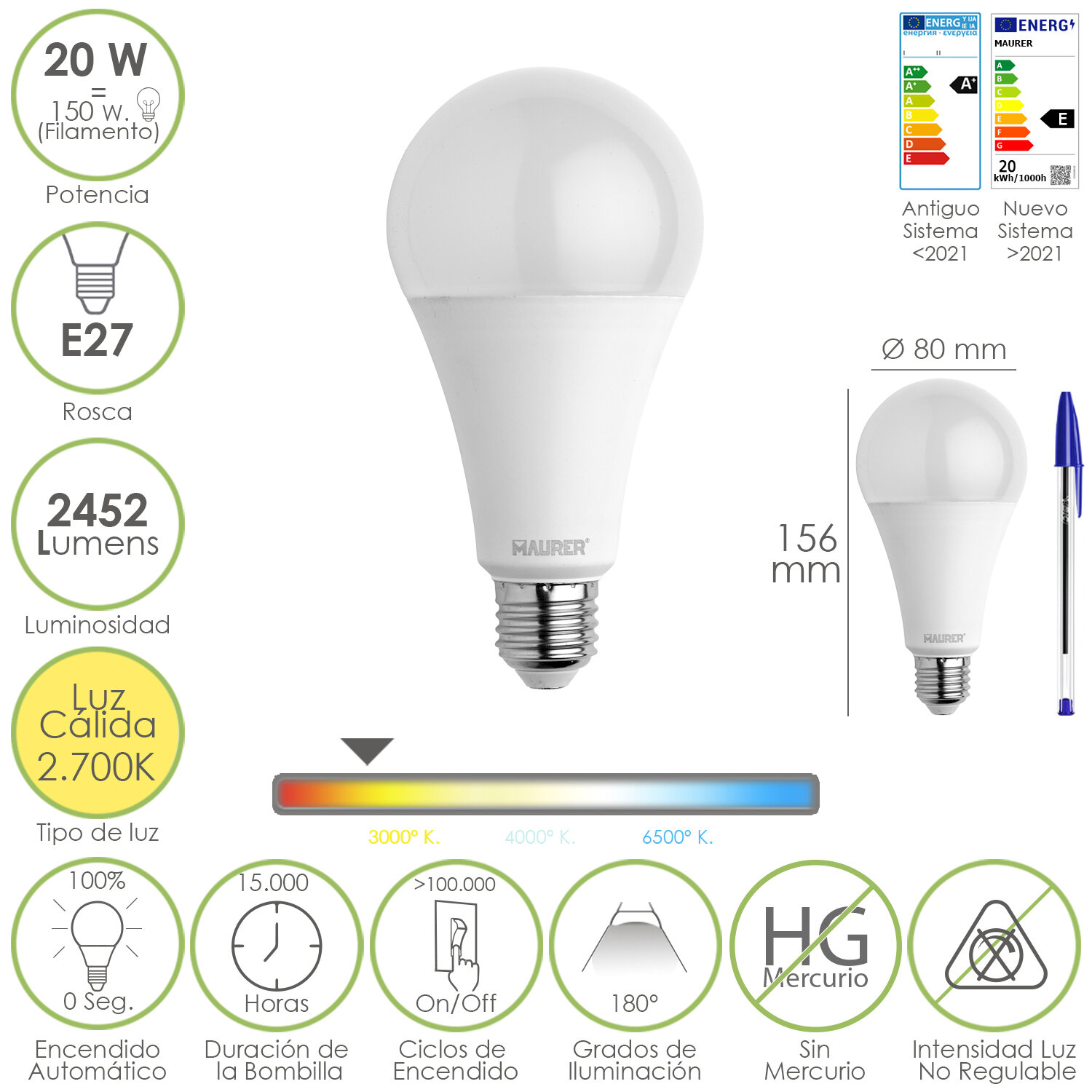 Bombilla Led Estándar Rosca E27. 20  Watt. Equivale A 150 Watt. 2452 Lúmenes. Luz Cálida (3000 K.)