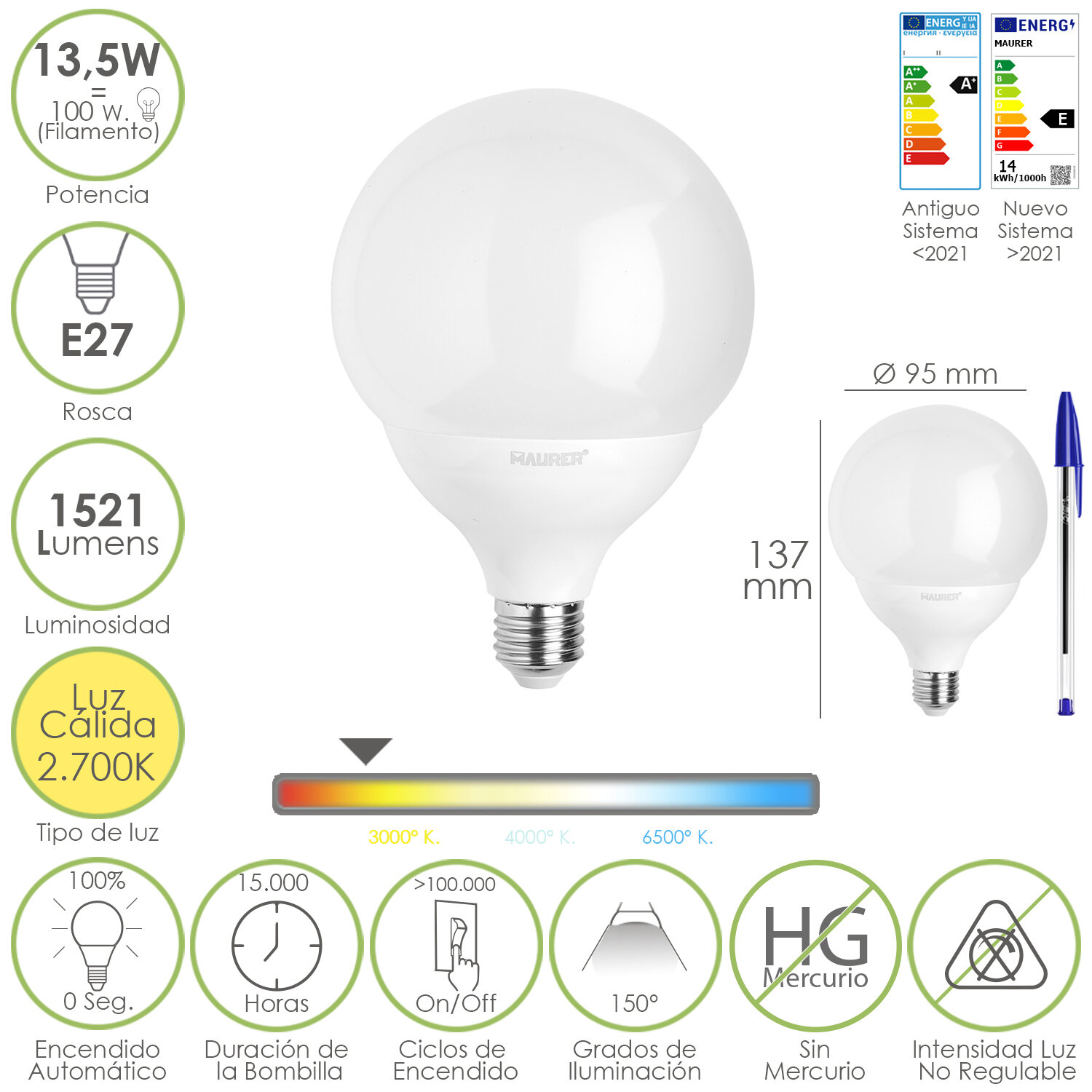 Bombilla Led Esfera Globo E27. 13,5 Watt. Equivale A 100 Watt. 1521 Lúmenes. Luz Cálida 3000 K.