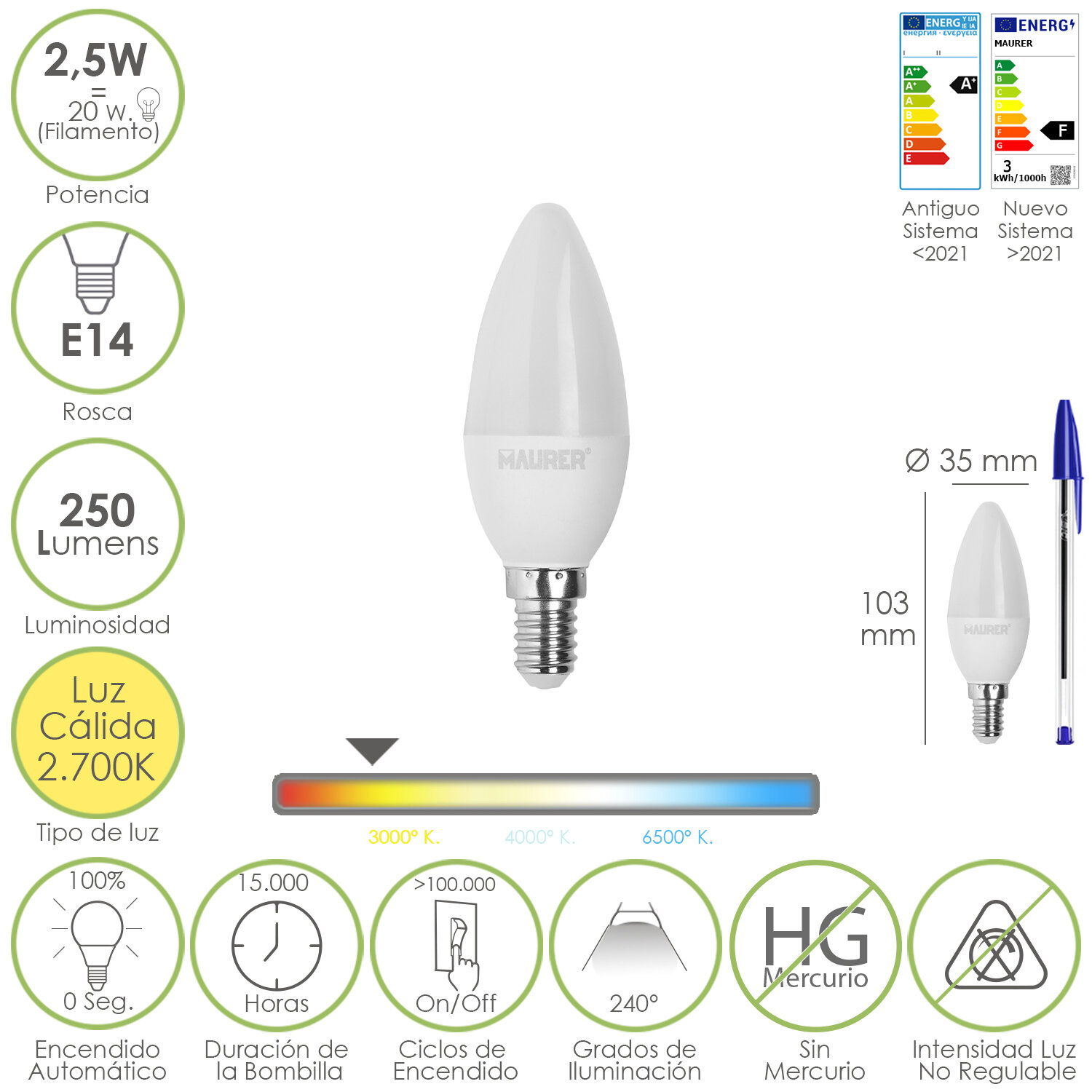 Bombilla Led Vela E14. 2,5 Watt. Equivale A 20 Watt. 250 Lúmenes. Luz Cálida 2700 K.
