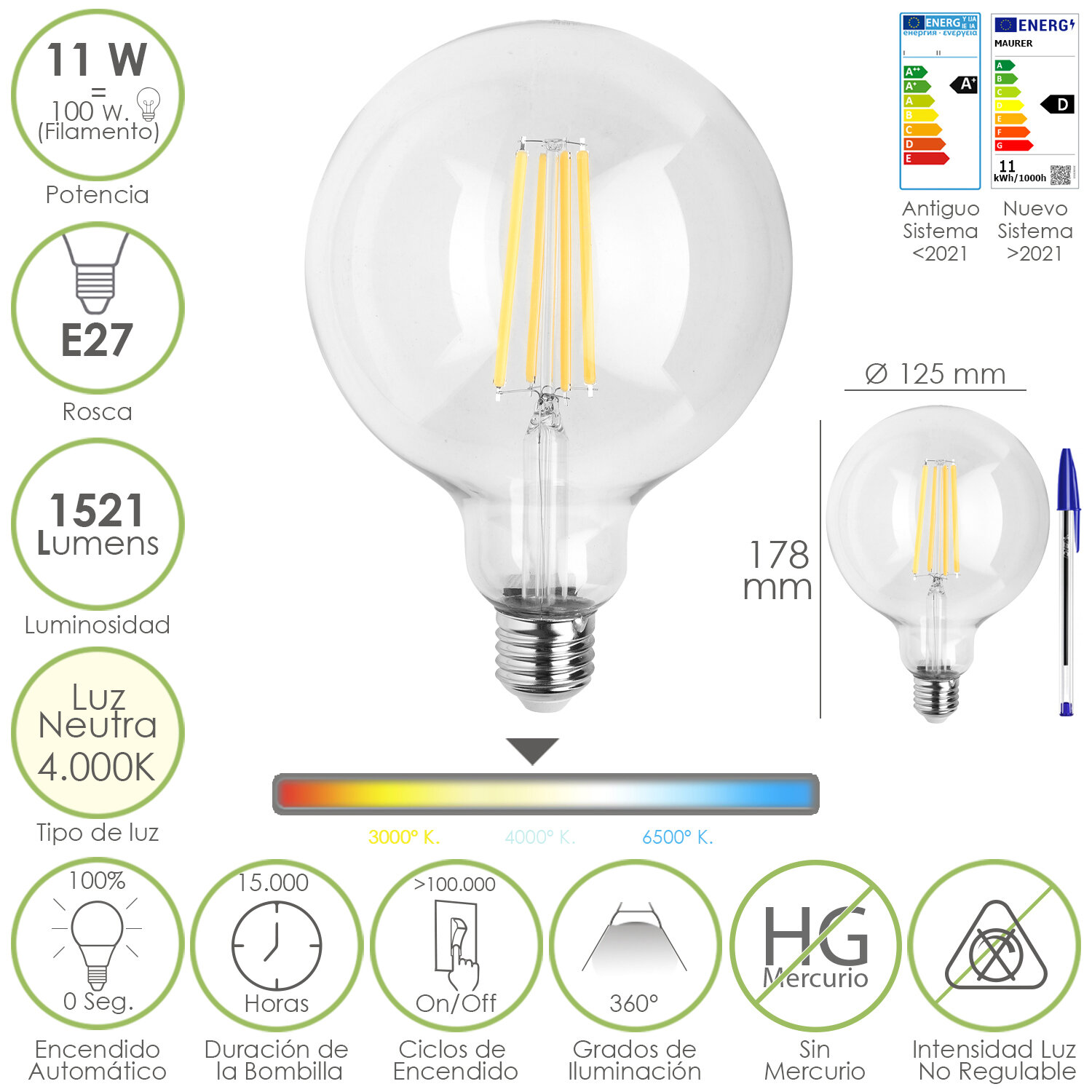 Bombilla Led Filamento Globo E27. 11 Watt. Equivale A 100 Watt. 1521 Lúmenes. Luz Neutra 4000 K.