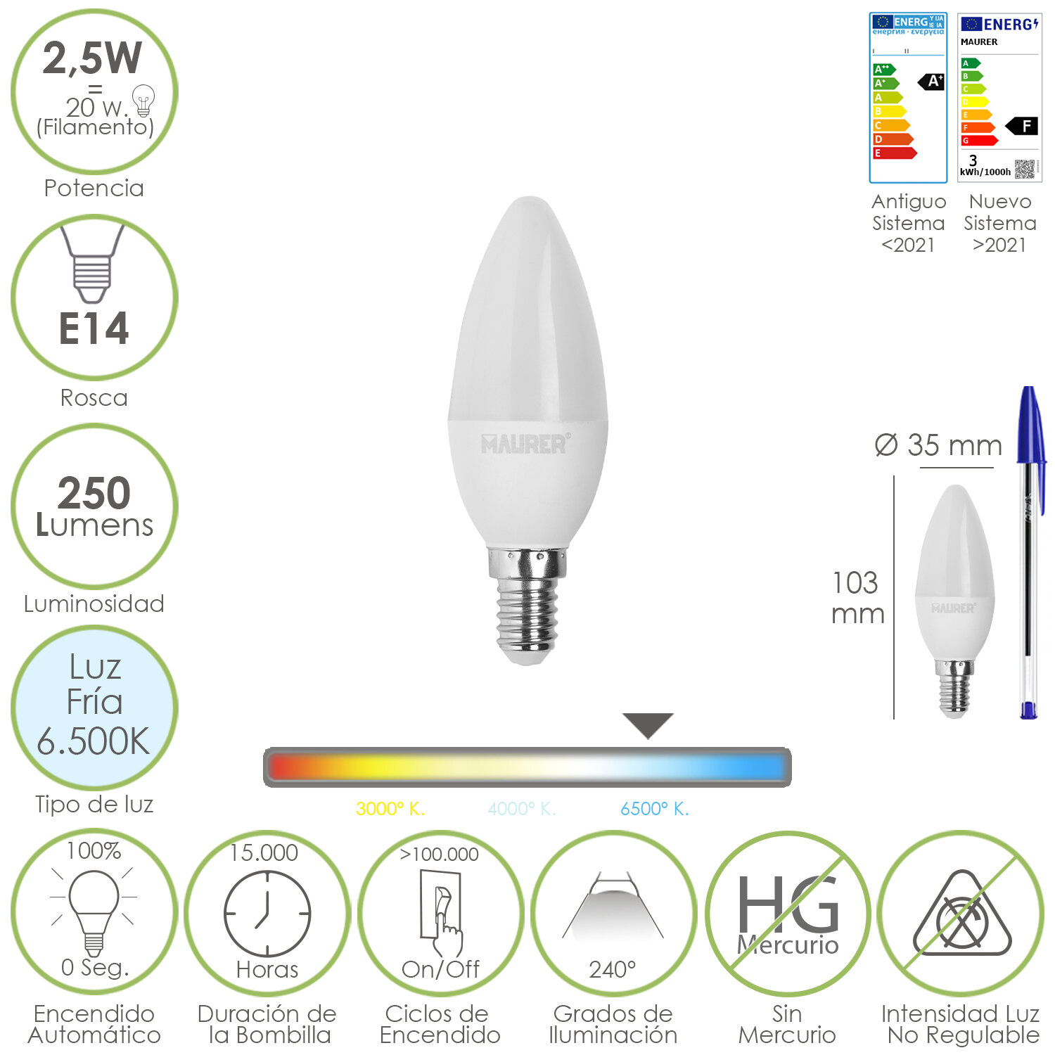 Bombilla Led Vela E14. 2,5 Watt. Equivale A 20 Watt. 250 Lúmenes. Luz Fría 6500 K.