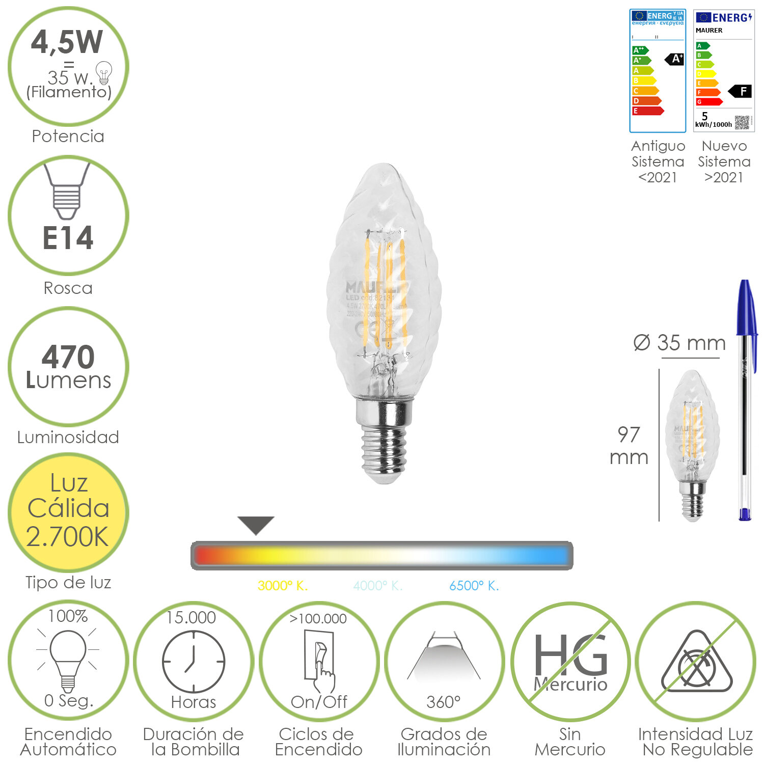 Bombilla Led Filamento Vela Twist. E14. 4,5 Watt. Equivale A 35 Watt. 470 Lúmenes. Luz Cálida 2700 K.