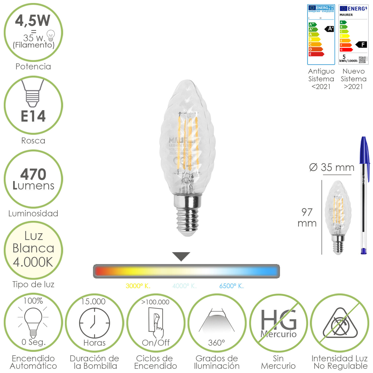 Bombilla Led Filamento Vela Twist. E14. 4,5 Watt. Equivale A 35 Watt. 470 Lúmenes. Luz Neutra 4000 K.