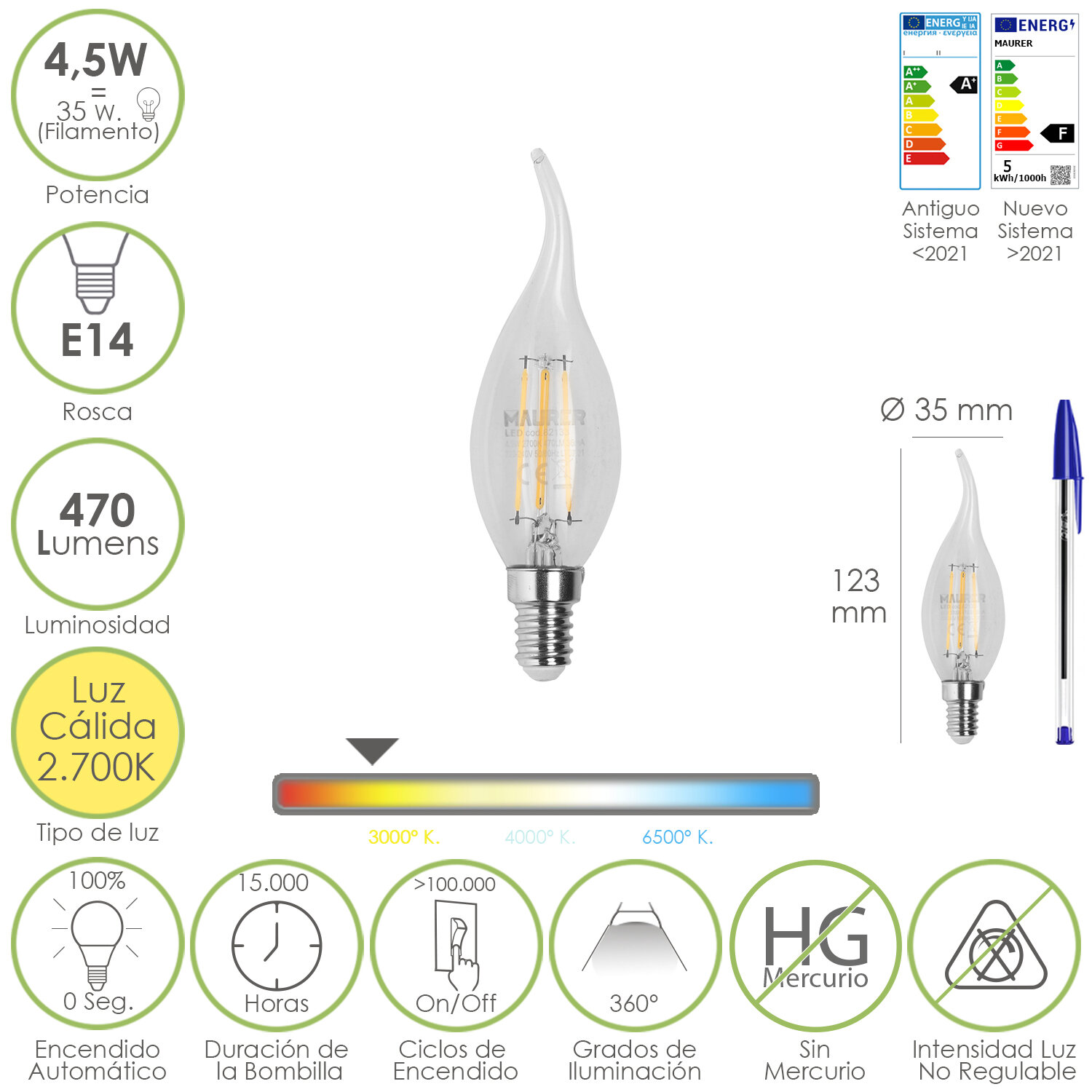 Bombilla Led Filamento Vela Llama E14. 4,5 Watt. Equivale A 35 Watt. 470 Lúmenes. Luz Cálida 2700 K.