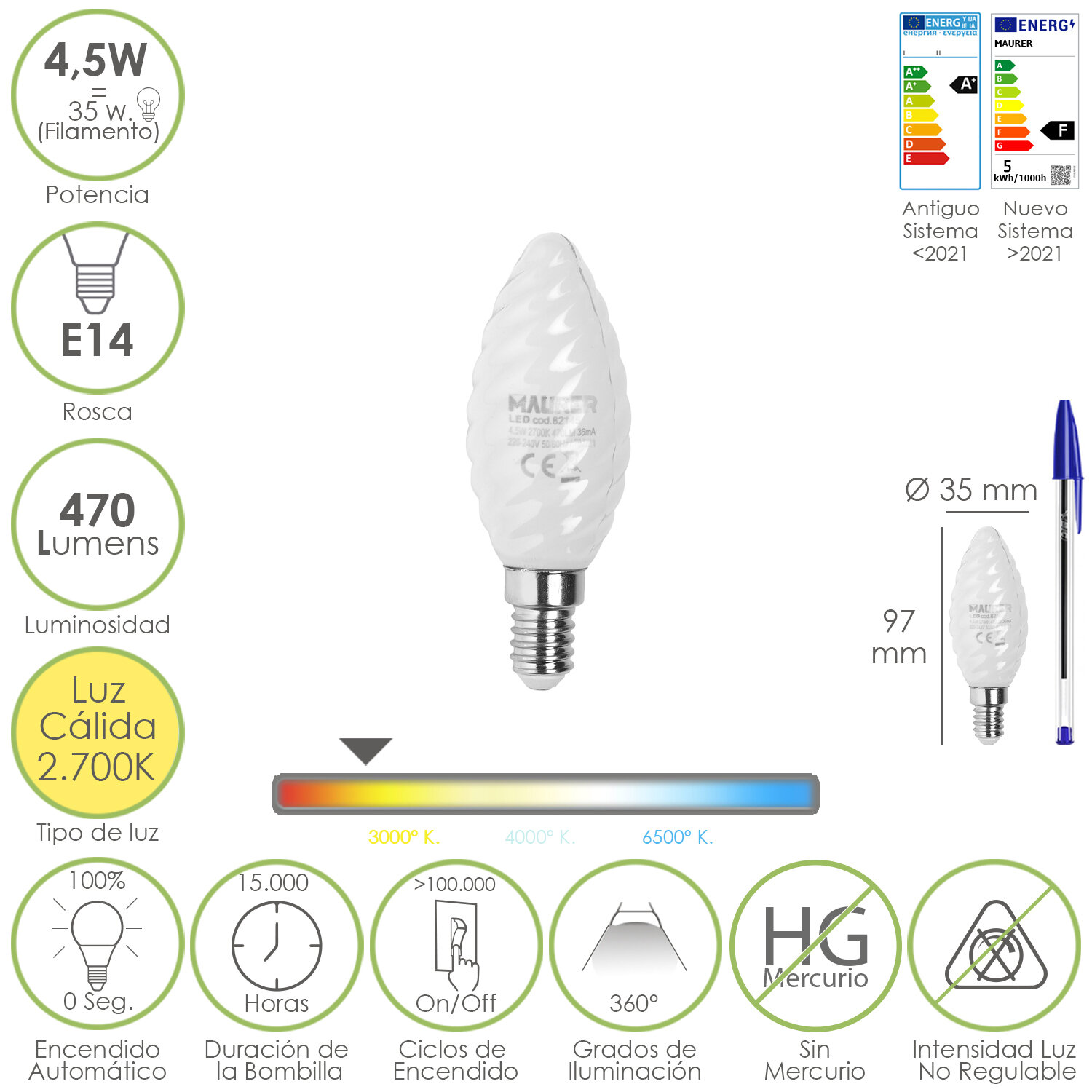 Bombilla Led Filamento Vela Esmerilada E14. 4,5 Watt. Equivale A 35 Watt. 470 Lúmenes. Luz Cálida 2700 K.