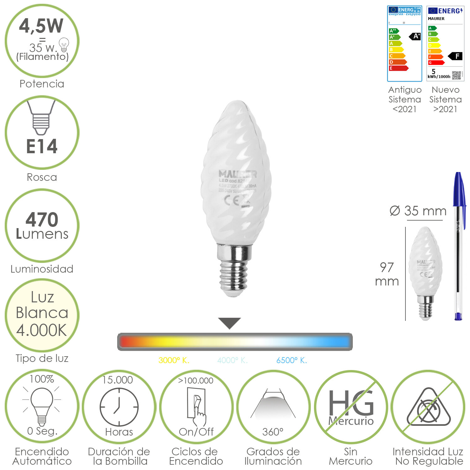 Bombilla Led Filamento Vela Esmerilada E14. 4,5 Watt. Equivale A 35 Watt. 470 Lúmenes. Luz Neutra 4000 K.