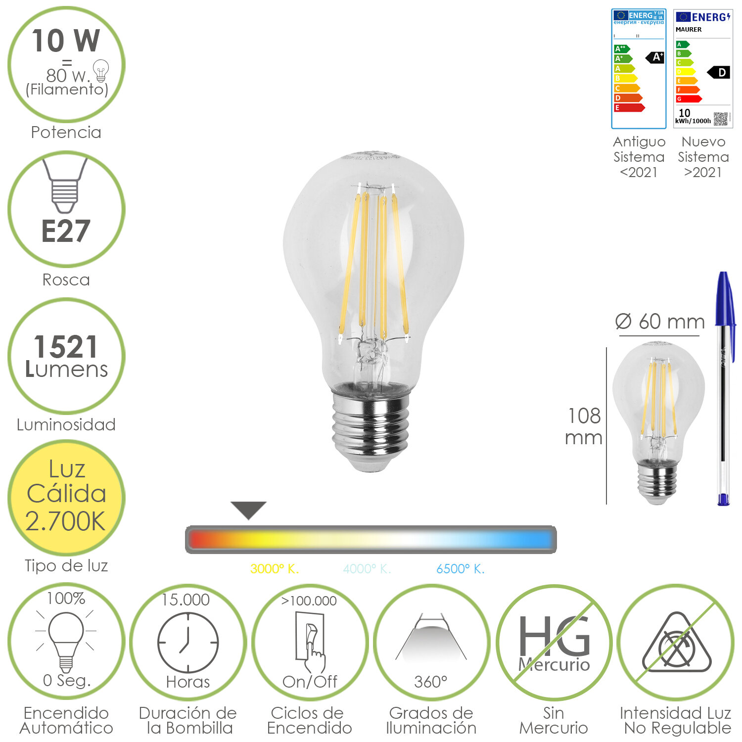 Bombilla Led Filamento Estándar Rosca E27. 10 Watt. Equivale A 80 Watt. 1521 Lúmenes. Luz Cálida 2700 K.