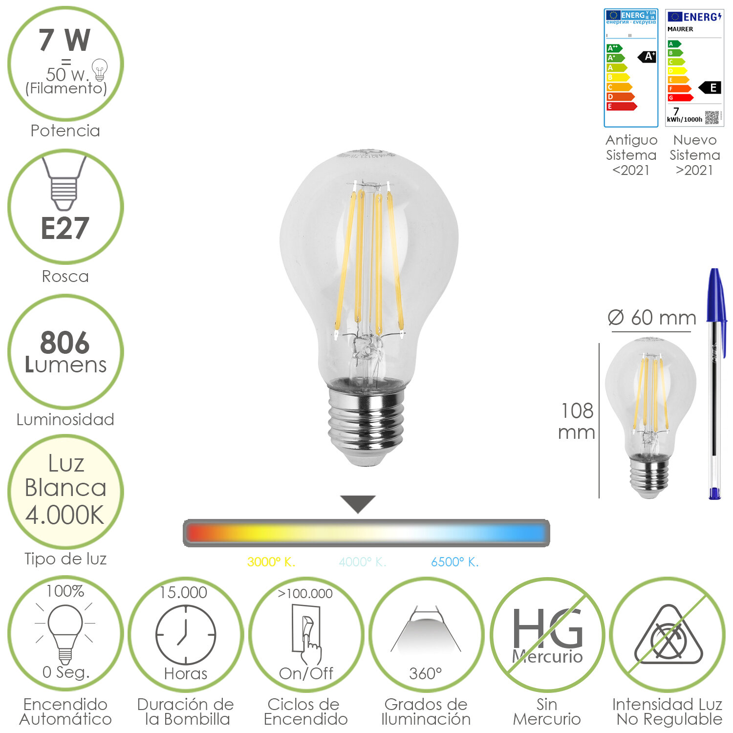 Bombilla Led Filamento Estándar Rosca E27. 7 Watt. Equivale A 50 Watt. 806 Lúmenes. Luz Neutra 4000 K.