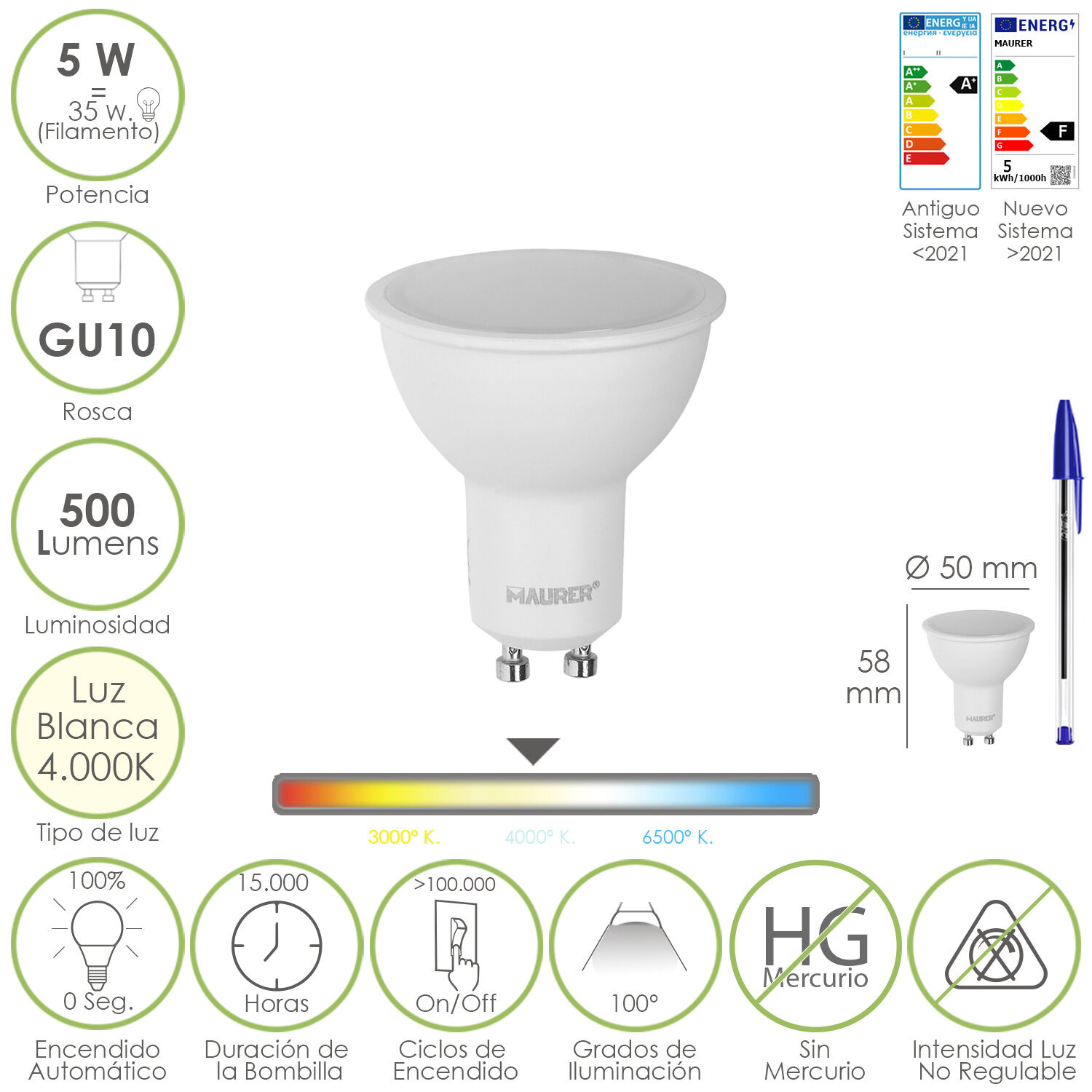 Bombilla Led Dicroica Rosca GU10. 5 Watt. Equivale A 35 Watt. 500 Lúmenes. Luz Neutra 4000 K