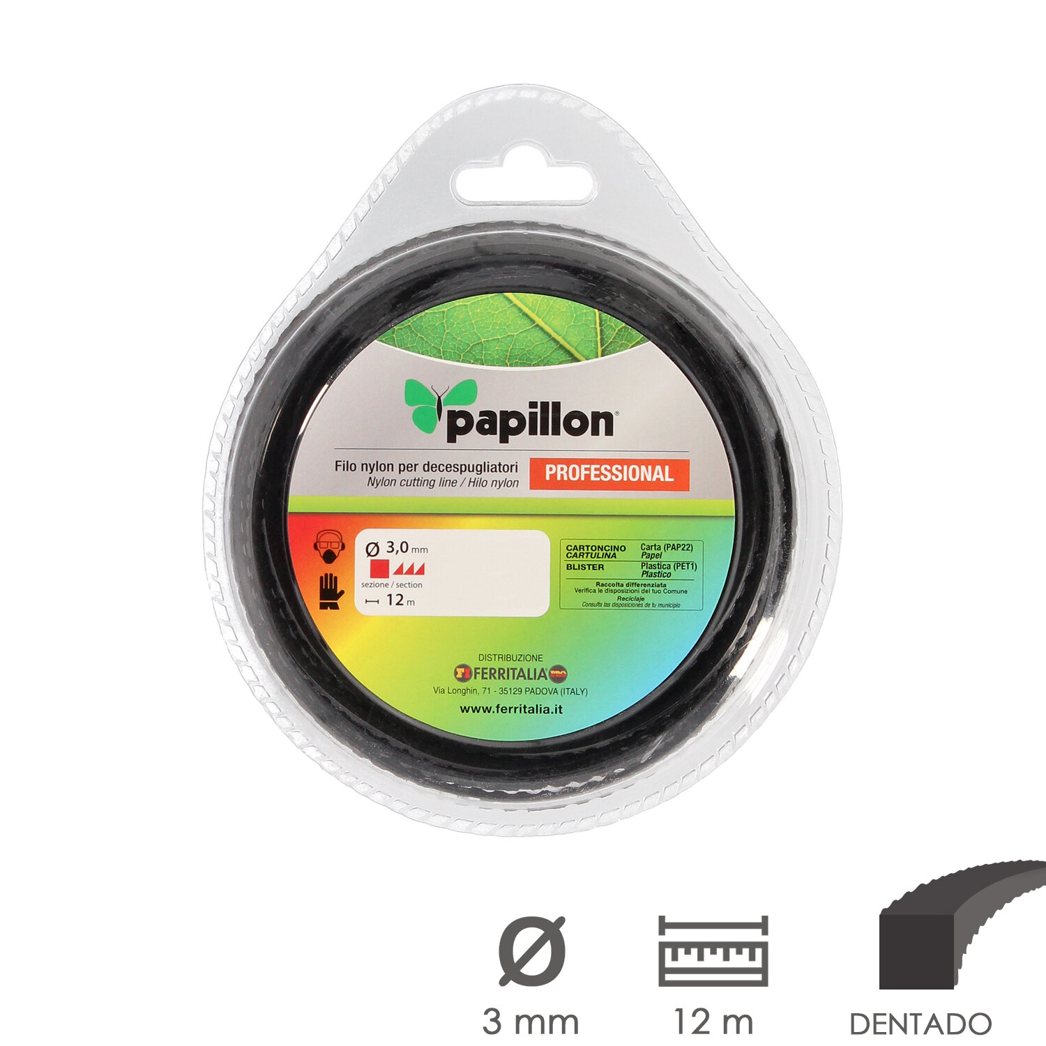 Hilo Nylon Desbrozadoras Cuadrado Dentado Profesional Ø 3,0 mm Rollo 12 metros. Hilo Nylon Corte Desbrozadores Hierba