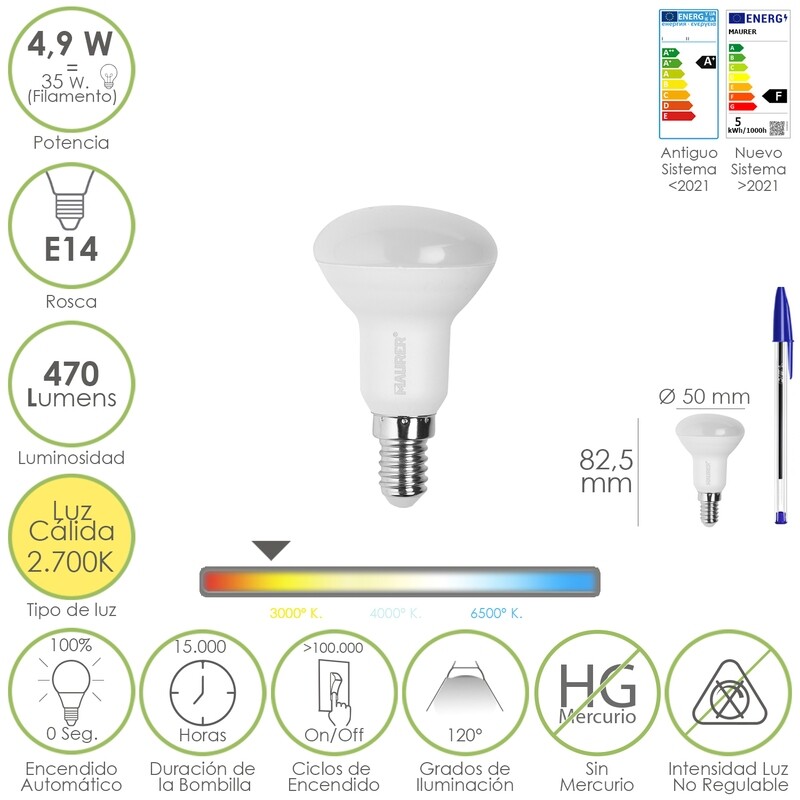 Bombilla Led Reflectante Rosca E14. 4,9 Watt. Equivale A 35 Watt. 470 Lúmenes. Luz Cálida (3000 K.)