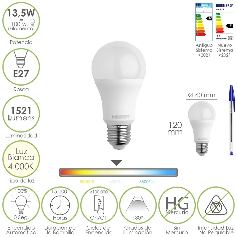 Bombilla Led Estándar Rosca E27. 13,5 Watt. Equivale A 100 Watt. 1521 Lúmenes. Luz Neutra (4000 K.)